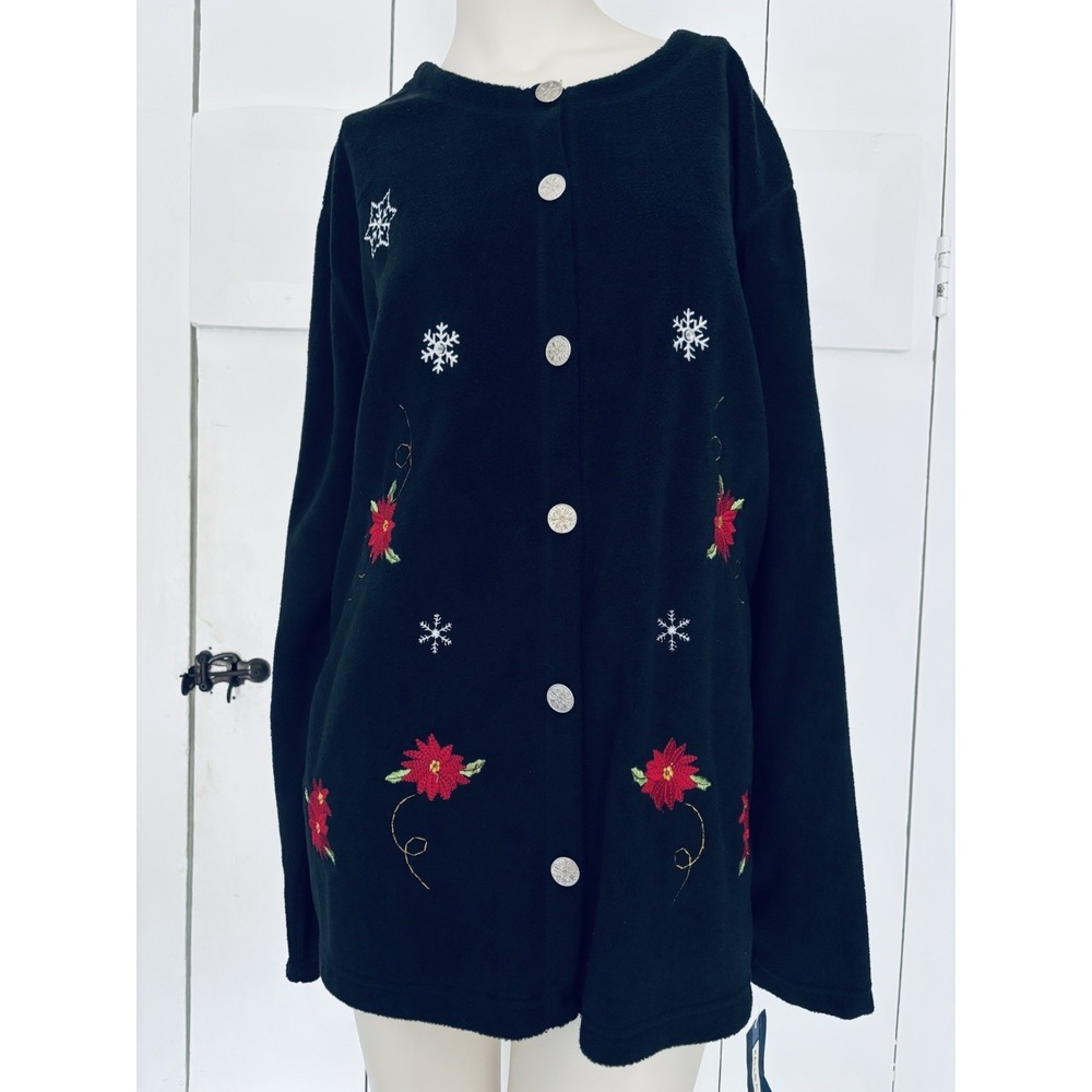 Vintage Falls Creek Fleece Jacket Womens 2X Christmas Poinsettias Snow Flake NWT